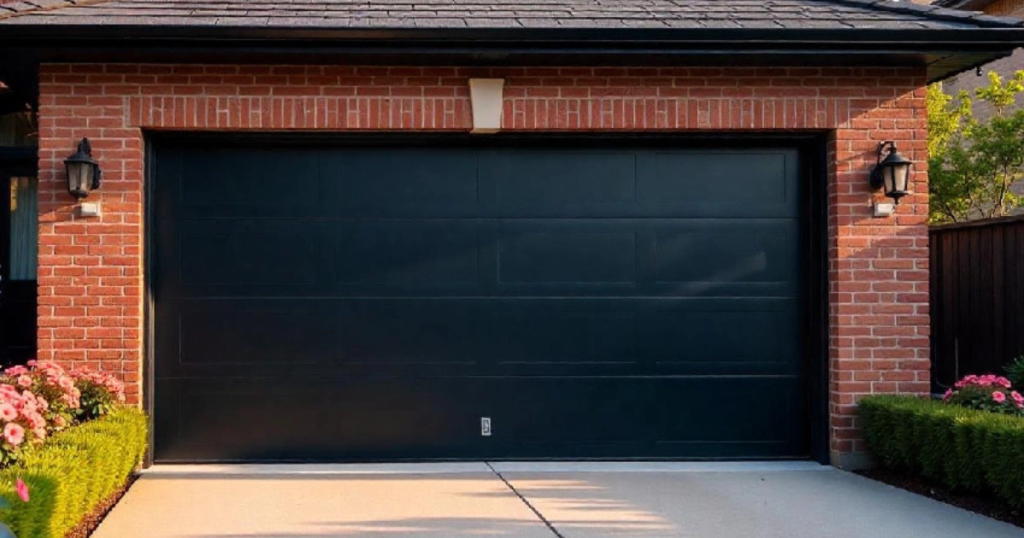 black garage door with a red brick house exterior