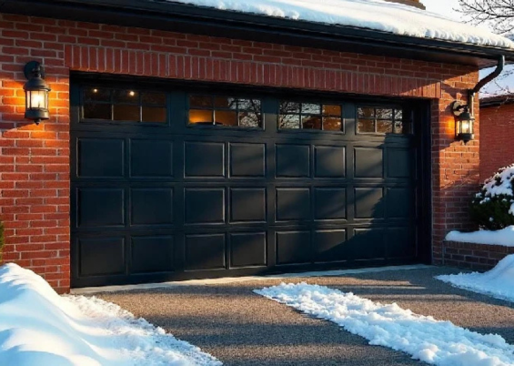 black garage doors on red brick house